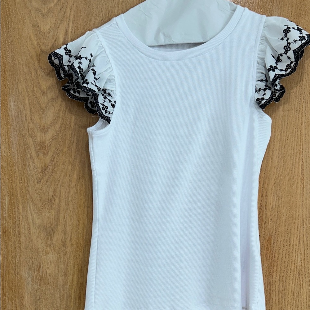 Philosophy White Tee with Black Lace Ruffle Sleeves